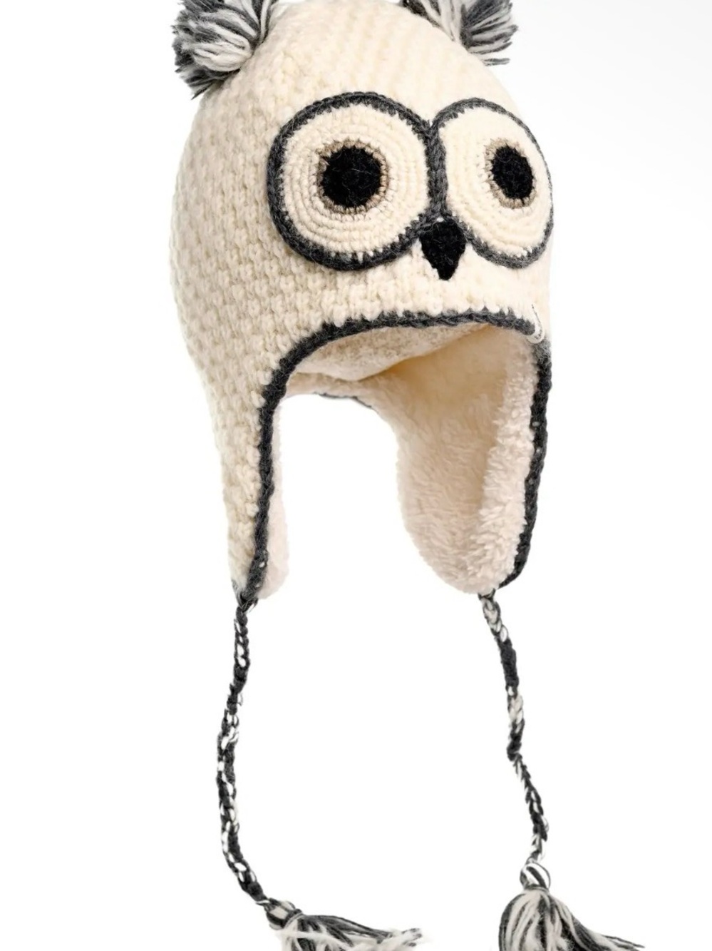 Cream Owl Earflap Hat with Gray Trim and Pom Details
